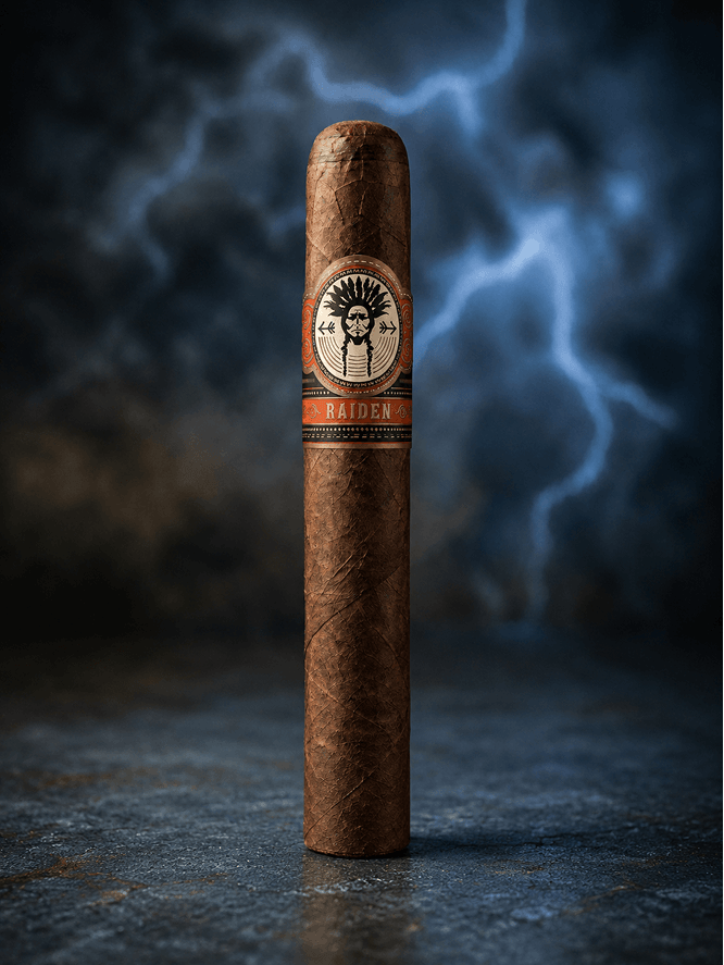 Raiden premium cigar on a dark stone surface
